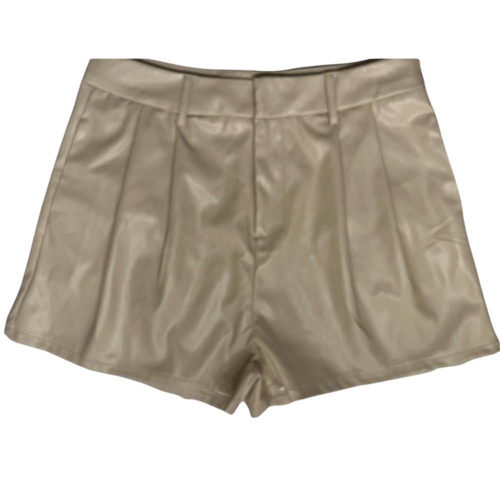 Shinestar High Waist Faux Vegan Leather Beige Shorts. Size L NWT